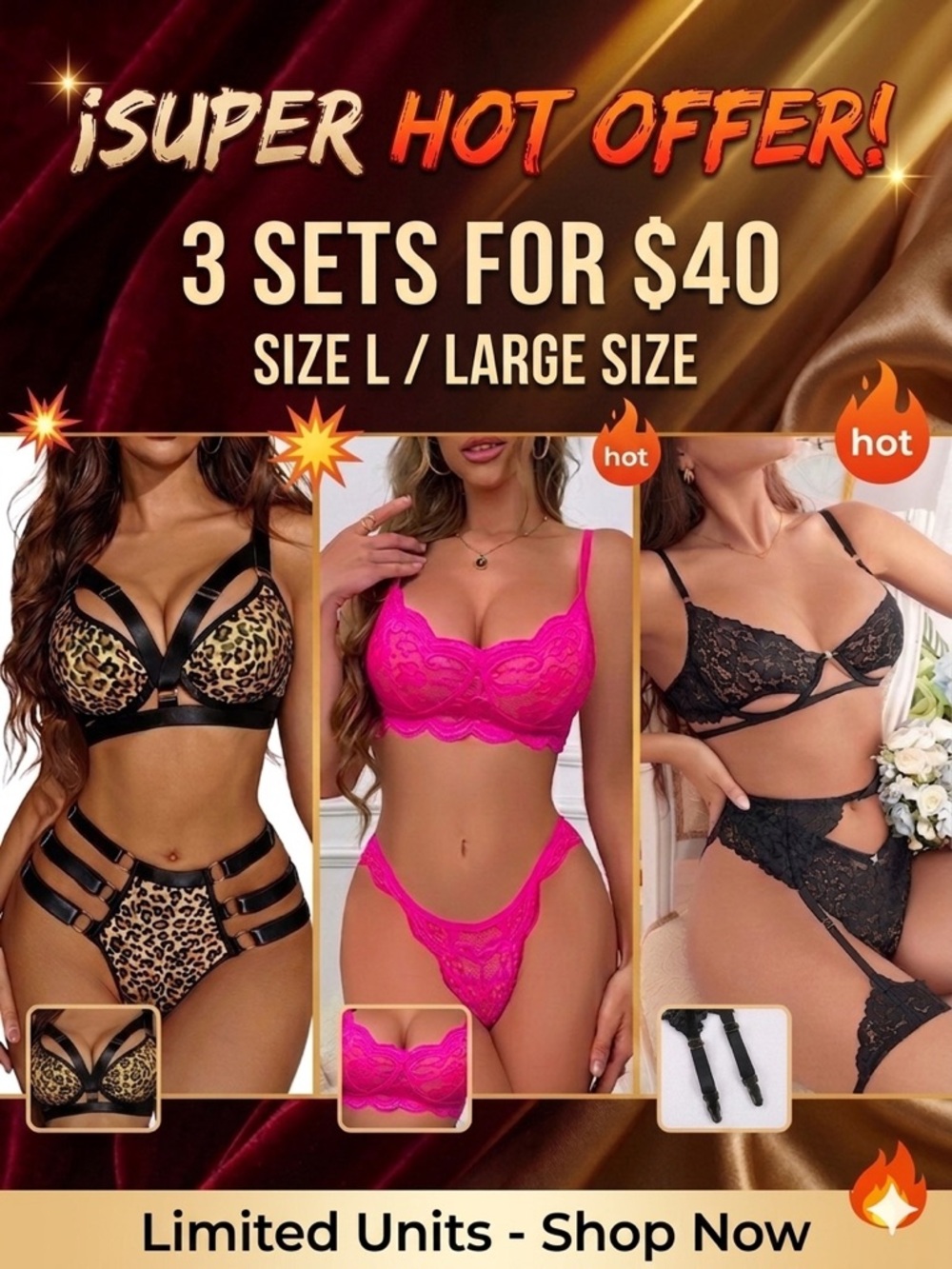 3-Piece Women’s Lingerie Set — Leopard, Hot Pink & Black Bras